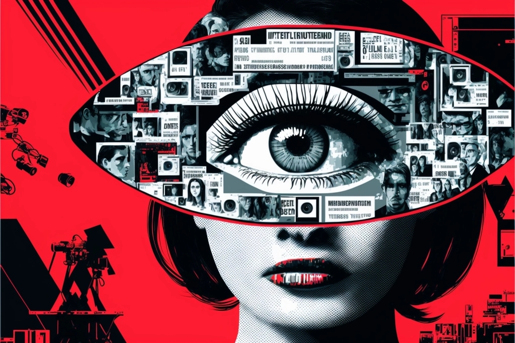 dramatic feature article head image collage of surveillance technologies. red, white, and black. in the style of an editorial header image. Techno. CCTV. Privacy and data breaches. Digital collage. --ar 3:2 --q 2 --v 4 